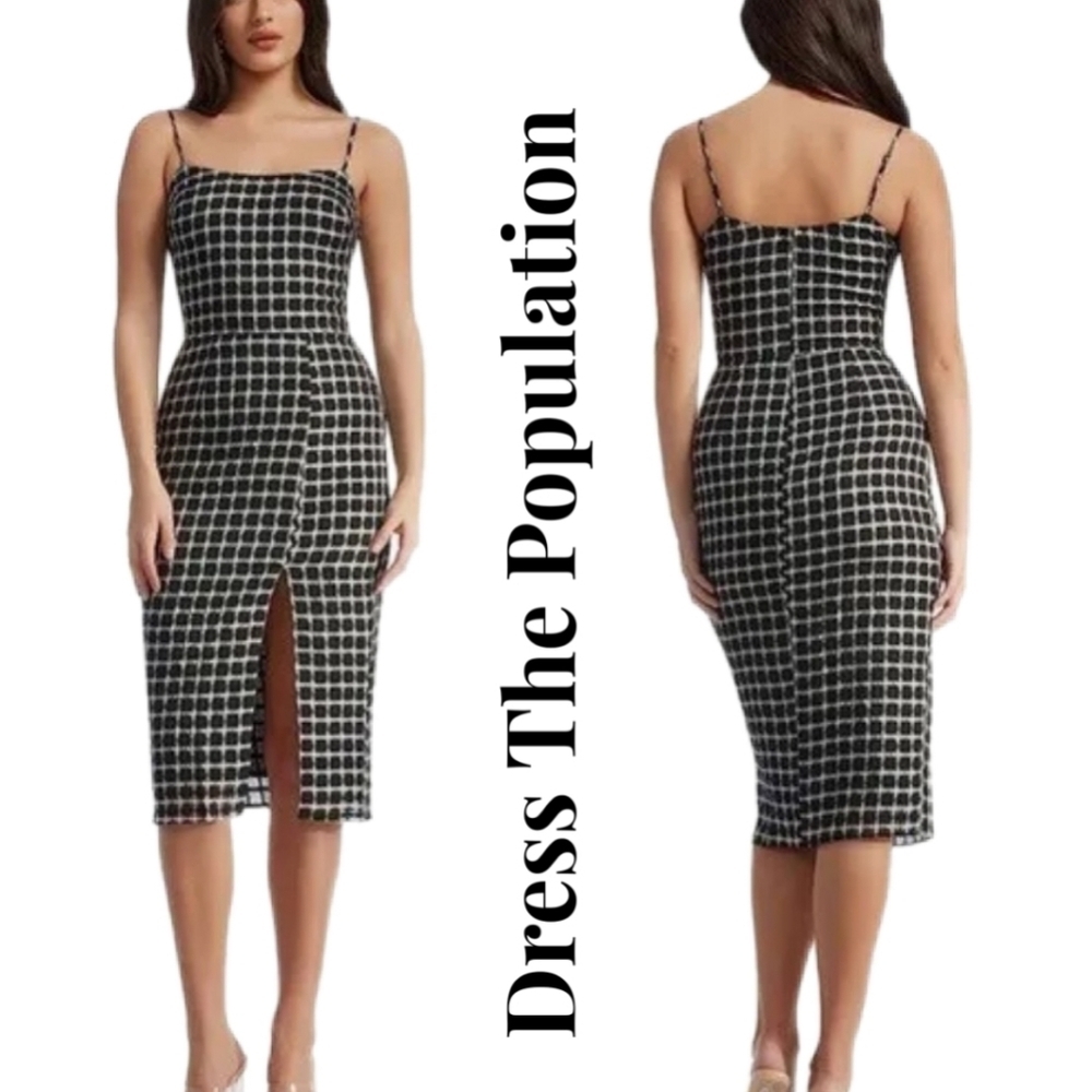 Dress The Population Women's Shaireen Black & White Check Sheath Dress Sz XXS